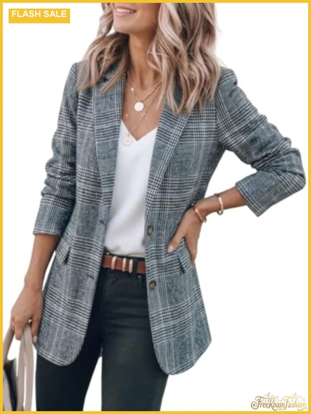 Women's Tweed Plaid Blazer Notch Collar Oversized Business Casual Work Jacket